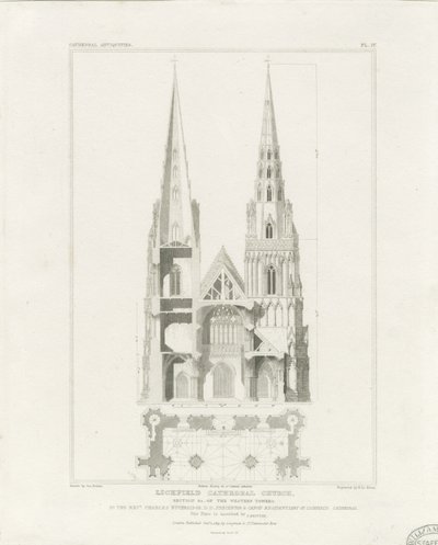 Catedral de Lichfield - Fachada Oeste: grabado, nd [c 1819] de John Britton
