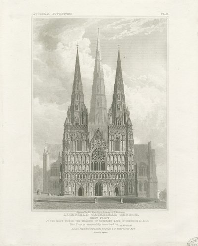 Catedral de Lichfield - Fachada Oeste: grabado, nd [c 1820] de John Britton