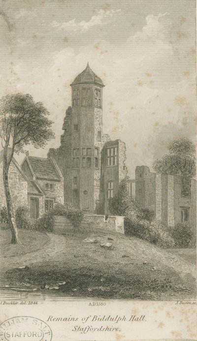 Biddulph Hall (antiguo) (grabado en acero) de John Buckler
