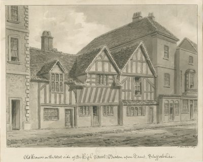Burton-upon-Trent - Casas Antiguas en High Street: dibujo en sepia, 1839 de John Buckler