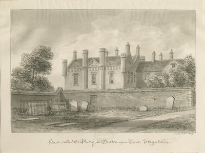Burton-upon-Trent - Casa Priorato: dibujo en sepia de John Buckler