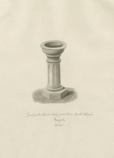 Iglesia del Castillo - Pila bautismal en la Iglesia: dibujo en sepia de John Buckler