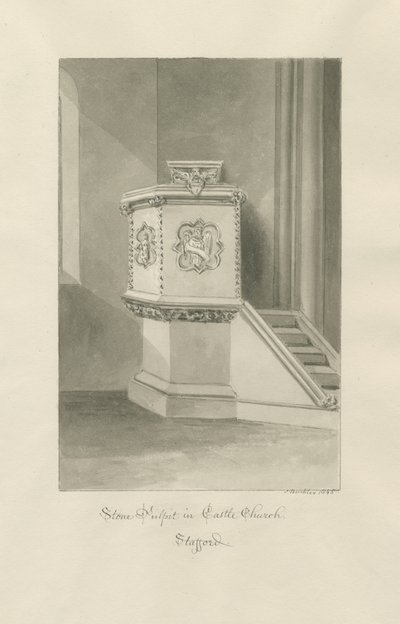 Iglesia del Castillo - Púlpito de piedra en la iglesia: dibujo en sepia de John Buckler