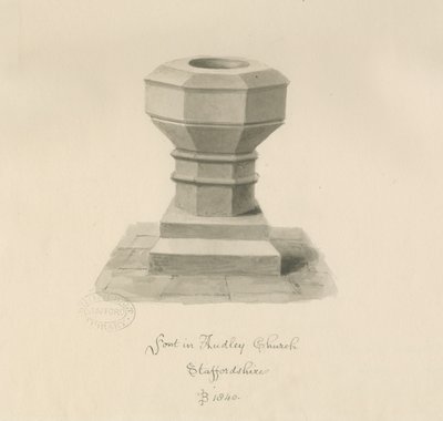 Pila bautismal en la Iglesia de Audley: dibujo en sepia, 1840 de John Buckler