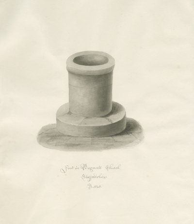 Pila bautismal en la iglesia de Bagnall: dibujo en sepia de John Buckler