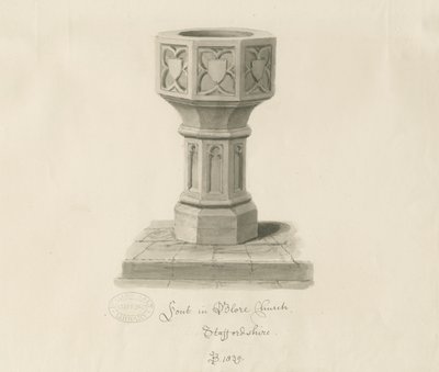 Pila bautismal en la Iglesia de Blore de John Buckler