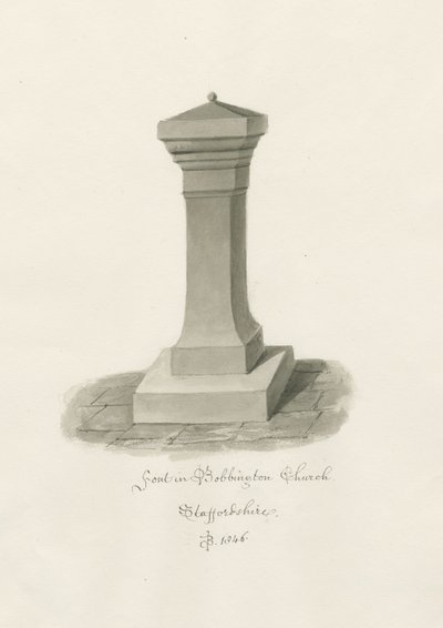 Pila bautismal en la Iglesia de Bobbington: dibujo en sepia de John Buckler