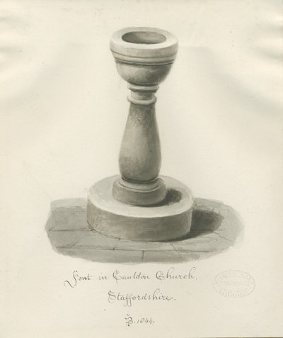 Pila bautismal en la Iglesia de Cauldon: dibujo en sepia de John Buckler