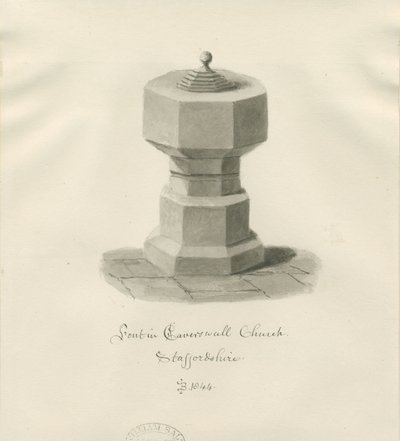 Pila bautismal en la Iglesia de Caverswall: dibujo en sepia de John Buckler