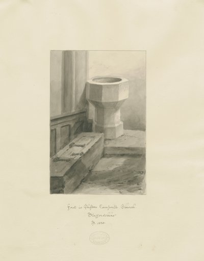 Pila bautismal en la iglesia de Clifton Campville: dibujo en sepia de John Buckler