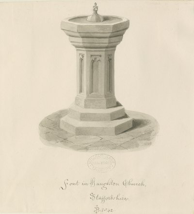 Fuente en la Iglesia de Haughton: dibujo en sepia de John Buckler