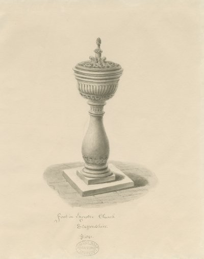 Pila bautismal en la iglesia de Ingestre: dibujo en sepia de John Buckler