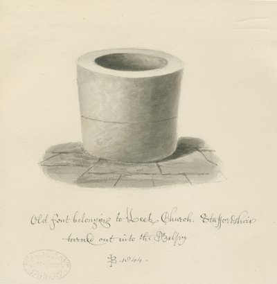 Pila bautismal en la Iglesia de Leek: dibujo en sepia de John Buckler