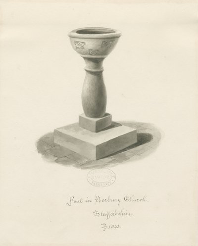 Fuente en la Iglesia de Norbury: dibujo en sepia de John Buckler