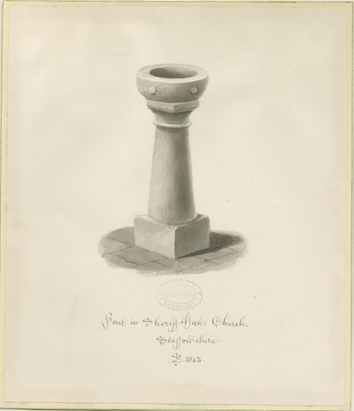 Pila bautismal en la Iglesia de Sheriffhales: dibujo en sepia de John Buckler