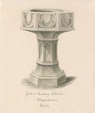 Pila bautismal en la Iglesia de la Abadía de Tutbury: dibujo en sepia de John Buckler