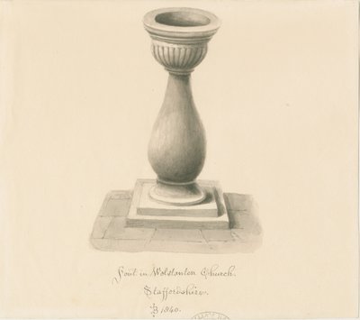 Pila bautismal en la Iglesia de Wolstanton: dibujo en sepia de John Buckler