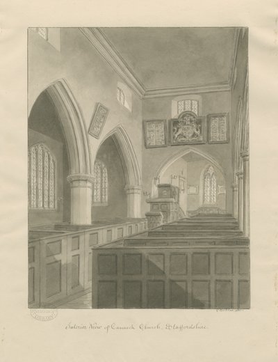 Interior de la Iglesia de Cannock: dibujo en sepia de John Buckler