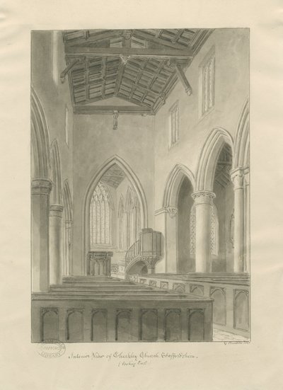 Interior de la iglesia de Checkley: dibujo en sepia de John Buckler