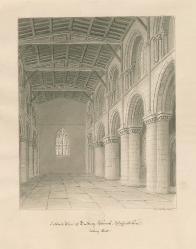 Interior de la Iglesia Prioral de Tutbury: dibujo en sepia de John Buckler