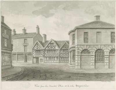 Leek Town - Plaza del Mercado: dibujo en sepia de John Buckler