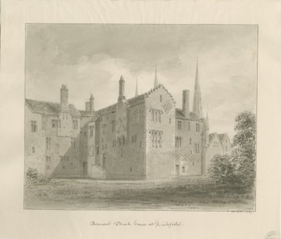 Lichfield - Casa Antigua en The Close: dibujo en sepia de John Buckler