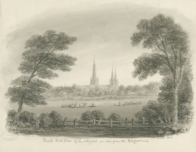 Vista noroeste de la Catedral de Lichfield (distante) de John Buckler