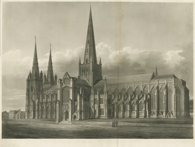 Catedral de Lichfield - Vista Sureste: grabado en aguatinta de John Buckler