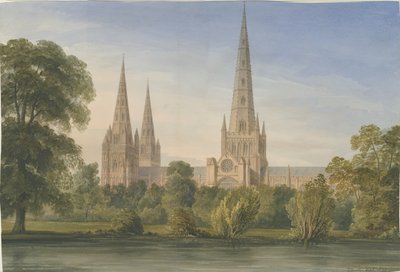 Catedral de Lichfield - Vista Sur Sureste: pintura en acuarela, 1842 de John Buckler