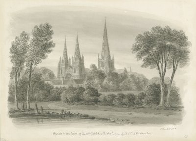 Catedral de Lichfield - Vista Suroeste: dibujo en sepia de John Buckler