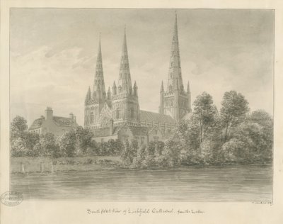 Catedral de Lichfield - Vista Suroeste: dibujo en sepia de John Buckler