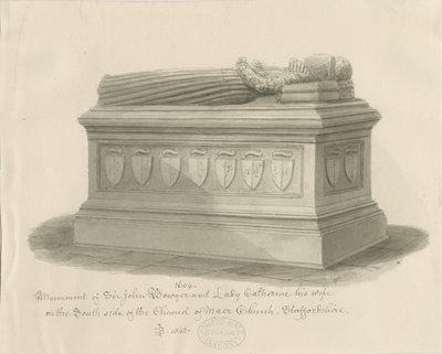 Iglesia de Maer - Monumento a Sir John Bowyer y Lady Catherine: dibujo en sepia, 1843 de John Buckler