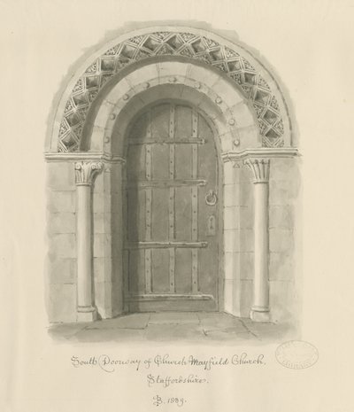 Iglesia de Mayfield - Puerta sur: dibujo en sepia, 1839 de John Buckler