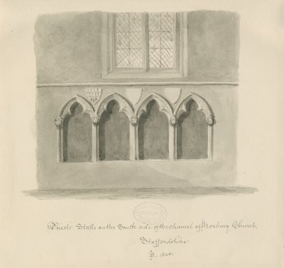 Iglesia de Norbury - Bancos de los sacerdotes: dibujo en sepia, 1843 de John Buckler