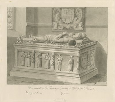 Iglesia de Seighford - Tumba de William y Mercy Bowyer: dibujo en sepia, 1842 de John Buckler