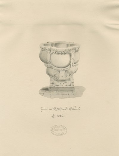 Stafford - Pila bautismal en la Iglesia de Santa María: dibujo en sepia, 1826 de John Buckler