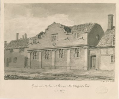 Tamworth - Escuela de Gramática: dibujo en sepia, 1838 de John Buckler