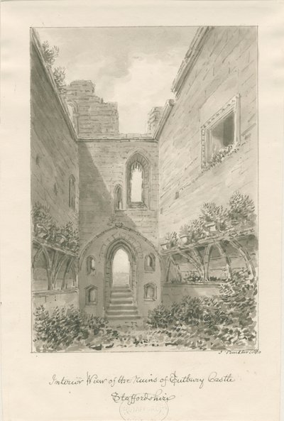 Castillo de Tutbury - Interior de las ruinas: dibujo en sepia de John Buckler