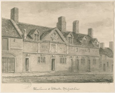 Uttoxeter Town - Casas de beneficencia: dibujo en sepia, 1839 de John Buckler