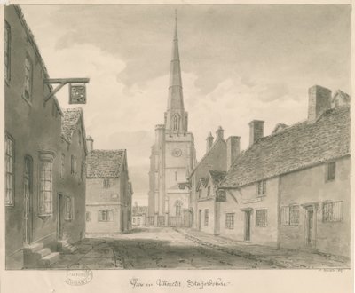 Ciudad de Uttoxeter - Vista de la calle: dibujo en sepia de John Buckler