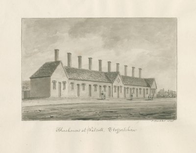 Walsall - Casas de Beneficencia: dibujo en sepia de John Buckler