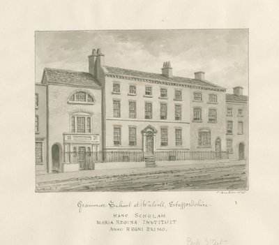 Walsall Town - Escuela de Gramática: dibujo en sepia, 1845 de John Buckler