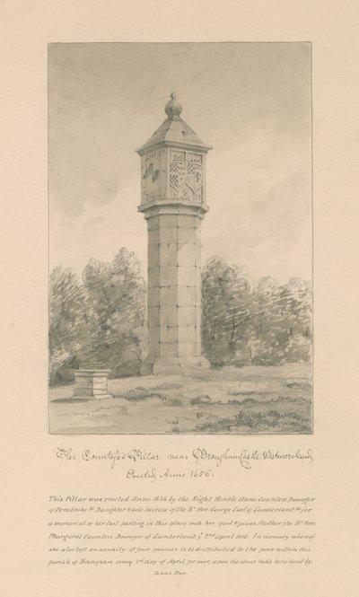 Westmorland - Castillo de Brougham - Pilar de la Condesa: dibujo en sepia, 1800 de John Buckler