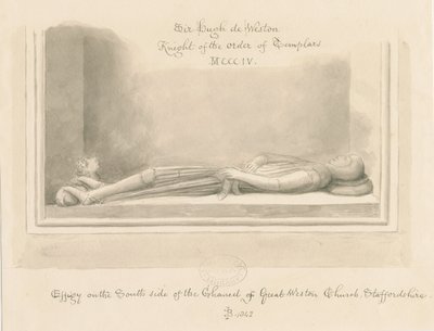Iglesia de Weston-under-Lizard - Efigie de Sir Hugh de Weston: dibujo en sepia, 1842 de John Buckler