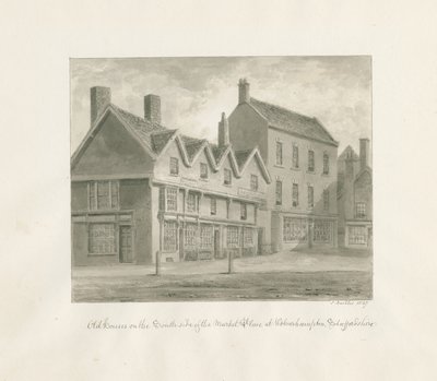 Wolverhampton - Casas antiguas en el lado sur de la plaza del mercado: dibujo en sepia, 1847 de John Buckler