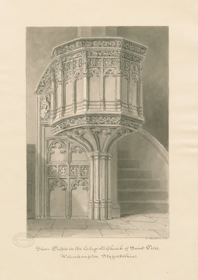 Wolverhampton - Púlpito de Piedra en la Iglesia de San Pedro: dibujo en sepia de John Buckler