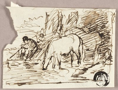 Boceto de caballos bebiendo agua y pescador de John Burnet