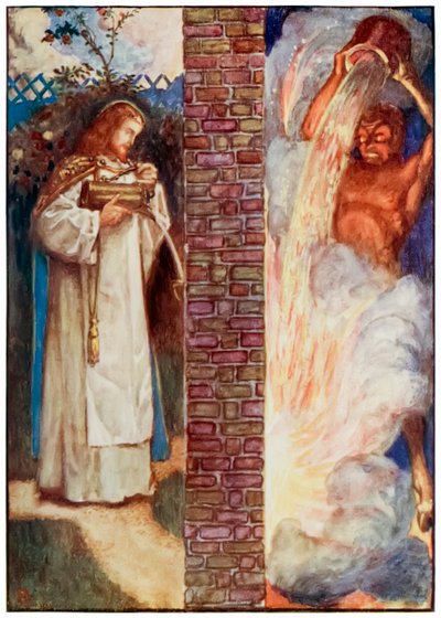 Cristo y el diablo de El progreso del peregrino de este mundo al venidero por John Bunyan (1628-1688) Ilustración de Byam Shaw (1872-1919) mostrando el fuego en la pared. El diablo intenta de John Byam Liston Shaw