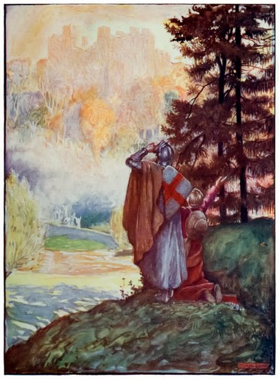 Cristiano y Esperanza ven la Ciudad Celestial de El progreso del peregrino de este mundo al venidero por John Bunyan (1628-1688) Ilustración de Byam Shaw (1872-1919) de John Byam Liston Shaw