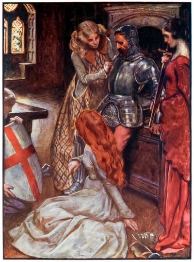 Cristiano armado de El progreso del peregrino de este mundo al venidero por John Bunyan (1628-1688) Ilustración de Byam Shaw (1872-1919), Cristiano en la armería del Palacio Hermoso de John Byam Liston Shaw